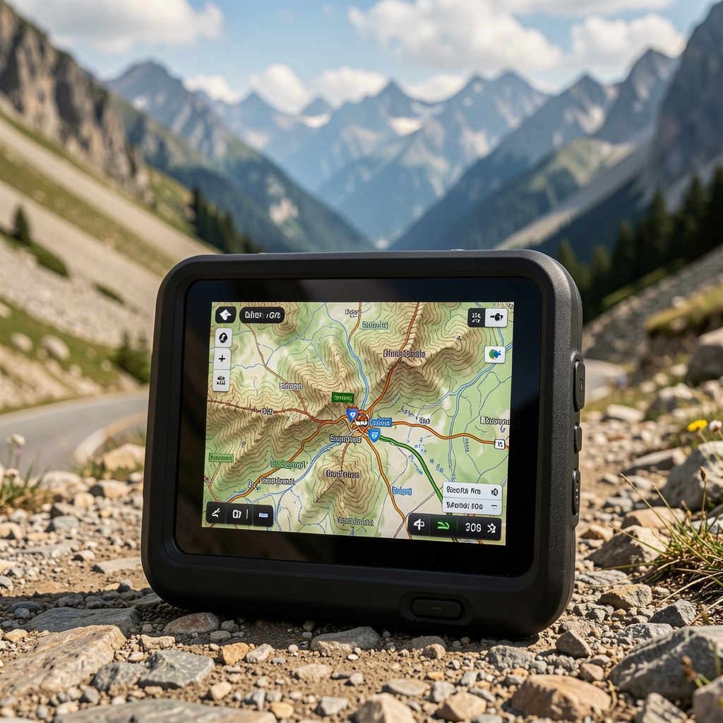 Dağ yolunda yerleştirilmiş GPS cihazı ekranı ve topografik harita görünümü